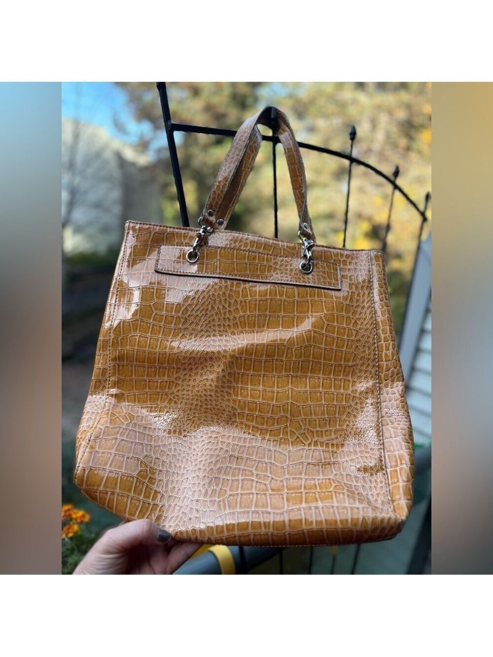 LIKE NEW Embossed Reptile Pattern Embossed Yellow Fashion Tote Bag - Picture 11 of 16